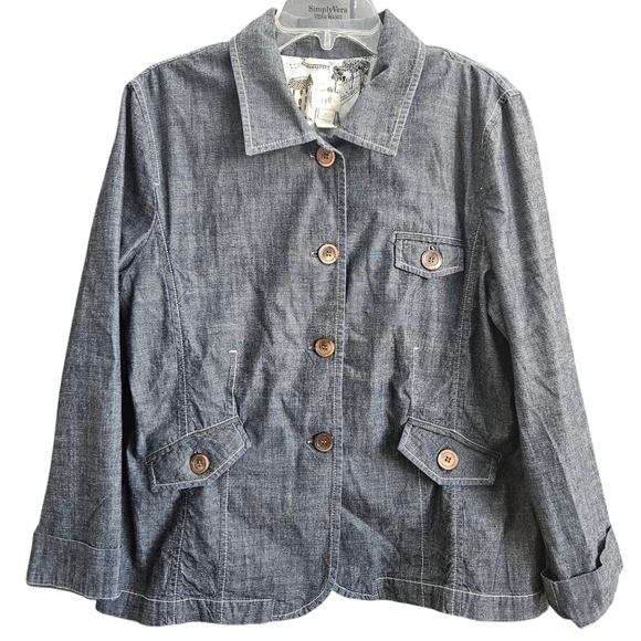 J. Jill Jacket Women's LP Blue Denim Chambray Button Up Lightweight 100% Cotton - Picture 1 of 6